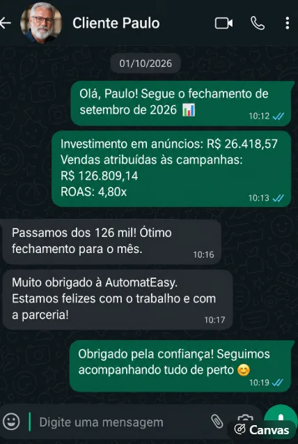 Print de conversa no WhatsApp com o cliente Paulo: fechamento de setembro de 2026, investimento de R$ 26.418,57, vendas atribuídas de R$ 126.809,14 e ROAS de 4,80x